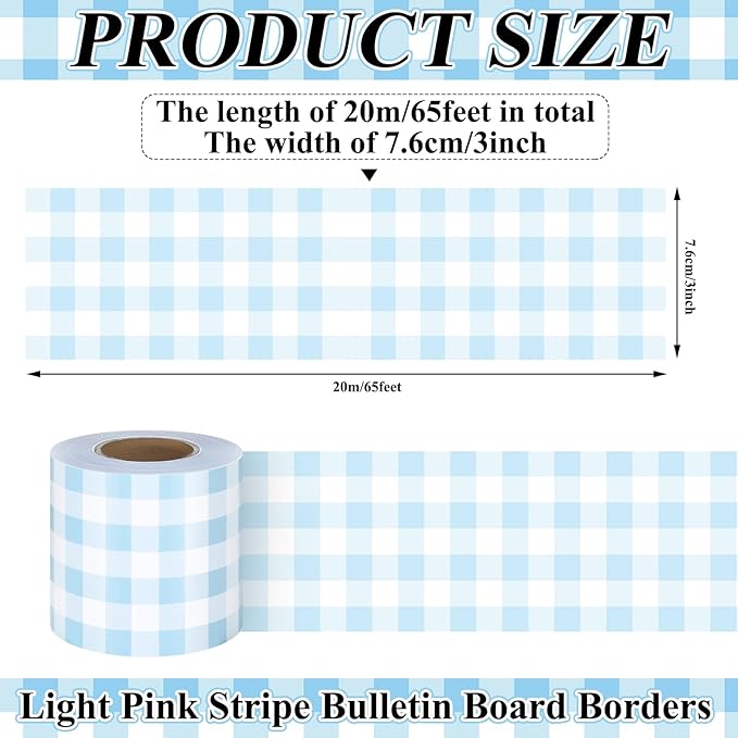 Pastel Blue 65.6 Ft Gingham Bulletin Board Border Die Cut Straight Border Trim Plaid Checkered Classrooms Decor for Whiteboard Wall Desk Window Door Locker Office School Party