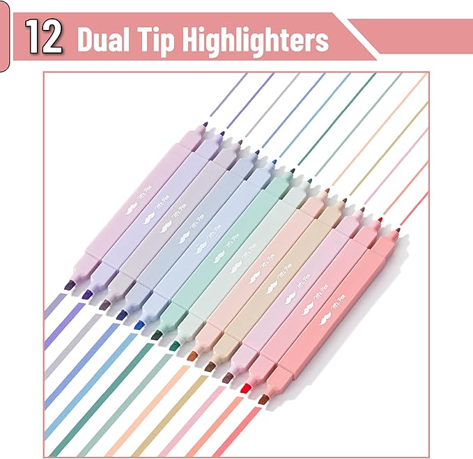 Mr. Pen- Dual Tip Aesthetic Highlighters, 12 pcs, Chisel & Fine Tip, Cute Highlighters Assorted Colors for Journaling, Highlighting, Underlining, Fast Dry, Back to School Supplies