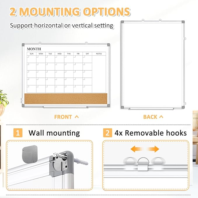 Dry Erase Calendar Whiteboard for Wall, 30"x20" Magnetic Monthly White Board Cork Board Combo, Double Sided, Aluminum Frame, Wall Hanging Wipe Board for Home, Office, School, Dorm