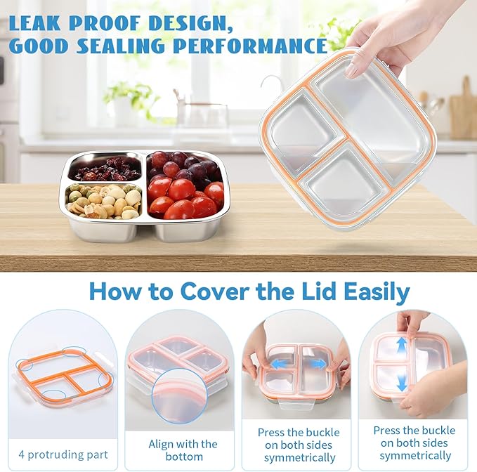 2 Pack Stainless Steel Snack Containers for Kids, 3 Compartments Reusable on the go Bento Box with Lids, Toddler Lunch Box Containers Pre Meal Storage for Daycare School Outdoor - White Orange