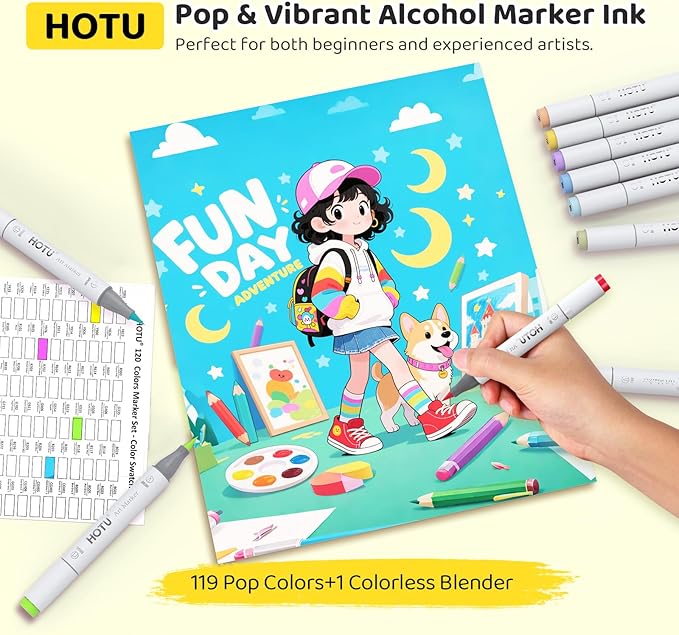 HOTU 120 colors Alcohol Markers Brush Tip&Chisel Tip, 96 Vibrant Colors&24 Skin tone set, Upgraded Brush tip Alcohol-based Markers for Adult Coloring Books, Illustration&Drawing- CPC Certificated