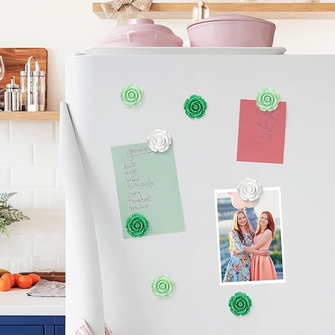20 Pcs Rose Fridge Magnets, 1.1 Inch Cute Flower Fridge Magnets, 3D Colorful Refrigerator Decorative Magnet for Whiteboard Locker Cabinet (Green-3 Colors-Rose)