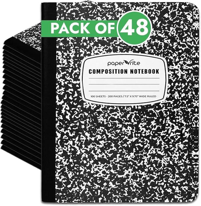Wide Ruled Composition Notebook Black Marble | 100 Sheets | 9.75 x 7.5 Inches | Durable Sewn Binding for School & Office Use (48)