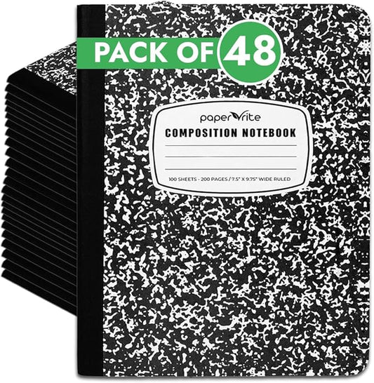 Wide Ruled Composition Notebook Black Marble | 100 Sheets | 9.75 x 7.5 Inches | Durable Sewn Binding for School & Office Use (48)