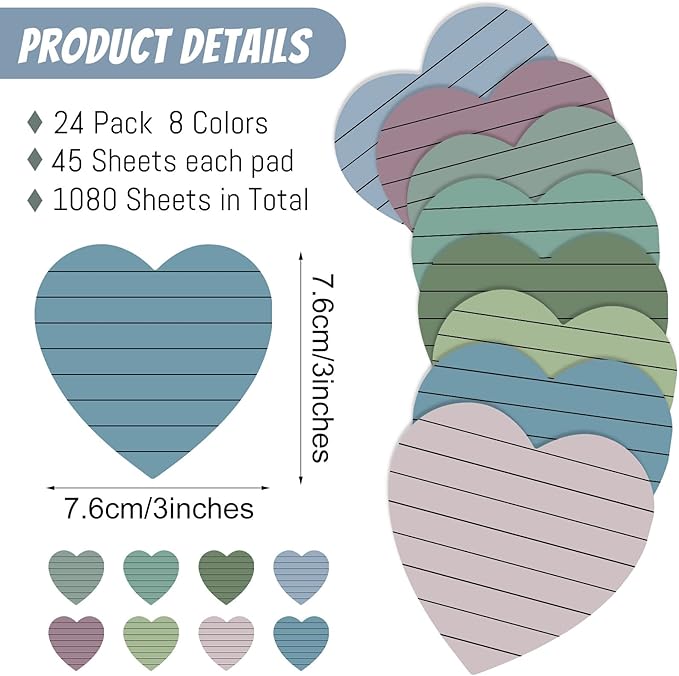 Teling 24 Pack Valentine's Day Sticky Notes Heart Lined Sticky Notes Self Adhesive Love Memo Pads for Valentines Party Exchange Gifts Office Home School 3x3 Inch(Soft Colors,Classic)