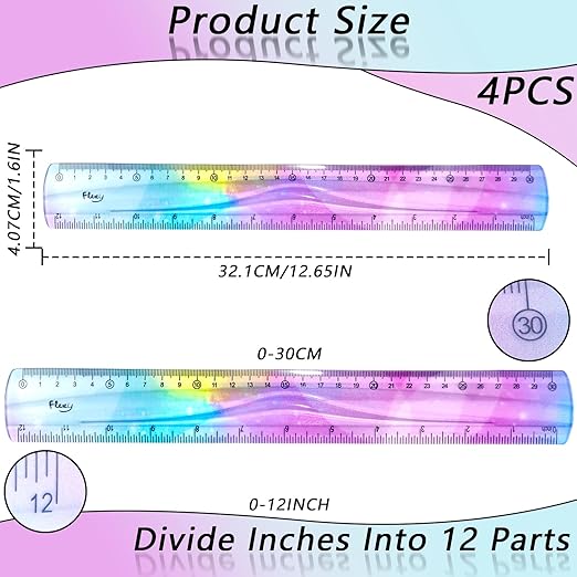 4 PCS 12 Inch Flexible Ruler, Bendable Plastic Ruler, Soft Bendable Gradient Colour Rulers with Centimeters and Inches for Student School Classroom Office Supplies