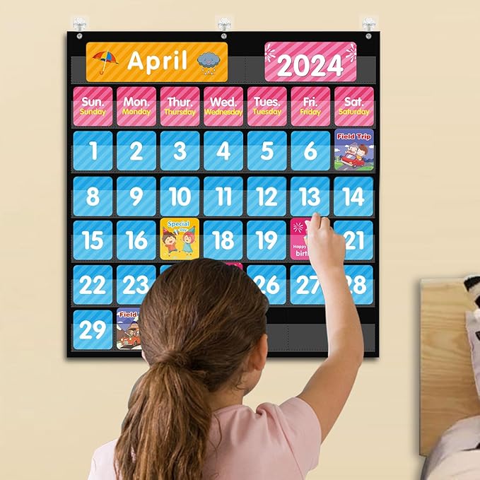 REGELETO Large 44 Pockets Calendar Pocket Chart for Classroom with 85 Cards, Size:25” X 24” Monthly Calendar and Weather Black Pocket Chart for Students Learning for Home or School (44 Pockets)