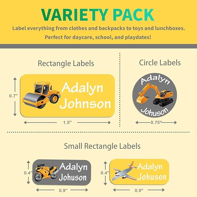 Custom Personalized Name Labels for Kids-(200-1000Labels) Waterproof Name Stickers Tags for School&Daycare,Clothing Tags,Washable&Durable Labels for Lunch Boxes, Bottles,Toys&GEA (Excavator)