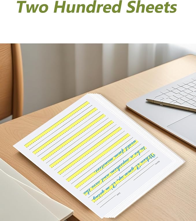 Write Beginner Paper Level 1 Paper with Lines, Yellow Highlighted, 100gsm, 11 x 8.5'', 200 Sheets