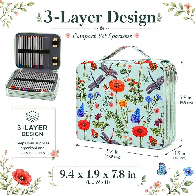 120 Slots Colored Pencil Case Organizer, 3 Layer Bag | Twill Oxford fabric,127 elastic loops,detachable handle,for travel, home storage,drawing tools,creative gifts