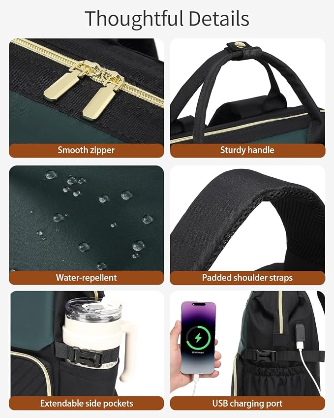 Computer Backpack for Women, Work Bag Laptop Bookbag with Cup Holder & USB Charger for Teacher Nurse College Travel Back Pack, Gifts, Black DarkGreen