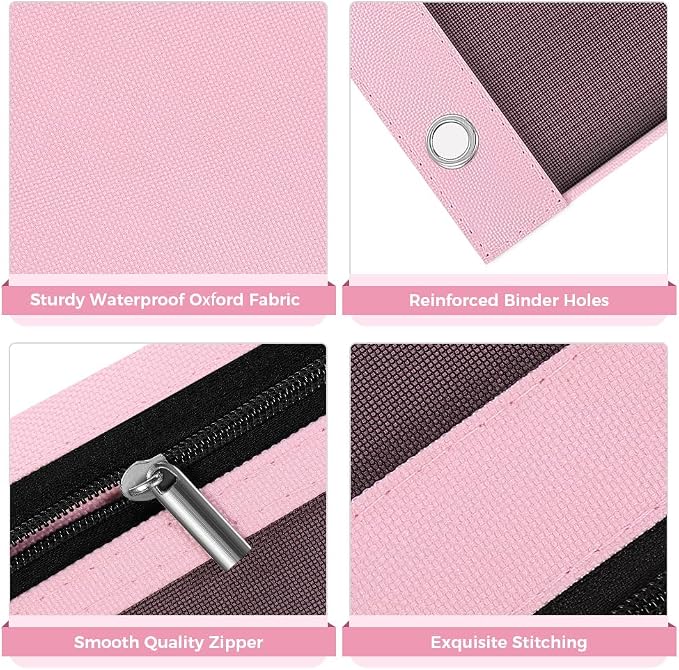 SKYDUE Pencil Pouch for 3 Ring Binder, 11"x9", 3 Pockets and Mesh Window | Zipper Pink Pencil Pouch Pencil Bag with 3 Reinforced Grommets, Organizer for School Supplies, Cables, Earbuds, Makeup
