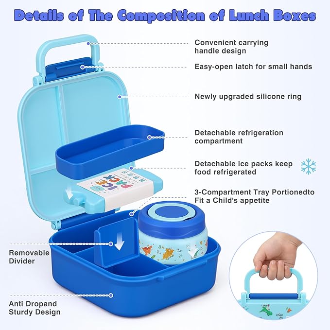 Bento Lunch Box for Kids with 7oz Soup Thermo,Insulated Stainless Steel Kids Water Bottle with Straw and Insulated Lunch Bag,Leak-Proof Lunch Food Container with Ice Pack for School (Blue-Dinosaur)