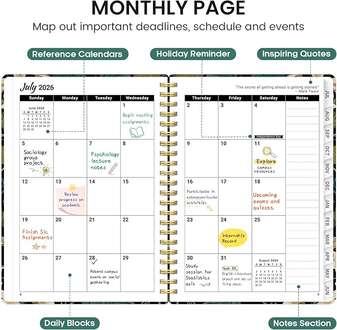 Planner 2026-2027, Academic Monthly and Weekly Calendar Planner for Women, July 2026 - June 2027, Hardcover Pretty Agenda Planner Book with Tabs, Spiral Daily Organizer for School Office Home Supplies, 6.3" x 8.5" - Forest Botanica