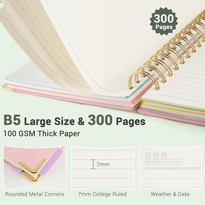 Hardcover Spiral Journal Notebook, 300 Pages 5 Subject Notebook College Ruled with Removable Dividers Tabs, 8" x 10" Notebooks for Work, Spiral Ruled Lined Writing Journal Hardcover Leather Notebook for School (Green, 8''x 10'')
