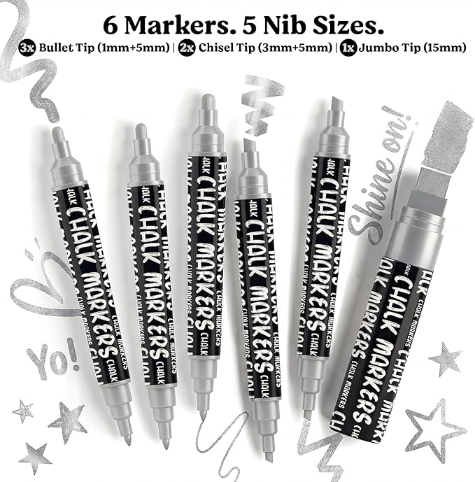Chalkola 6 Silver Chalk Markers - Dual tip, Fine & Jumbo Tip (1mm, 3mm, 5mm, 15mm) | Erasable Liquid Chalk Pens for Blackboard, Chalkboard Signs, Car Window, Bistro, Glass | Washable Chalkboard Marker