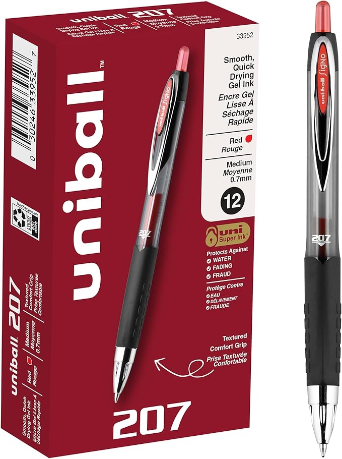 uni-ball® 207™ Retractable Fraud Prevention Gel Pens, Medium Point, 0.7 mm, Black Barrels, Red Ink, Pack of 12