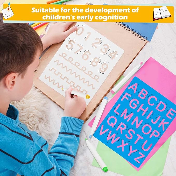 Gersoniel 10 Pieces Preschool Letters and Numbers Alphabet Stencils Colorful Double Sided Tracing Board PET Paint Boards with Craft Markers Marker Paint Pens Preschool Learning Toys