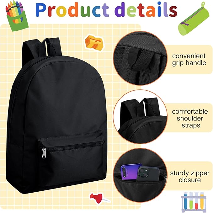 Silkfly Black 24 Pack 17'' Backpacks Bulk with 24 Stationery Supply Sets, Bookbags and Writing Accessories Kit for Donation