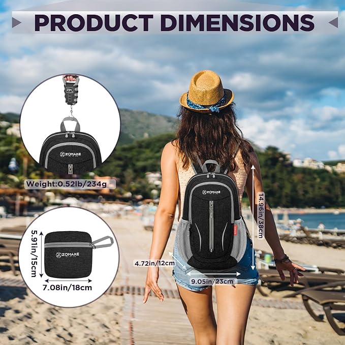 ZOMAKE Lightweight Packable Backpack, 10L Small Foldable Daypack for Hiking | Water Resistant Collapsible Backpacks for Women Men, Everyday Carry, Multi Compartment Storage, Adjustable Strap(Black A3)