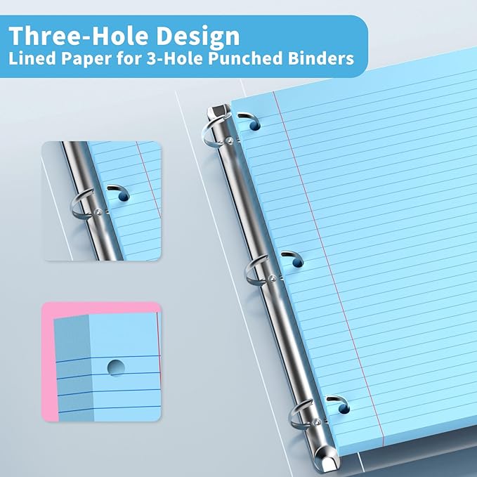 Blue Loose Leaf Paper 120 Sheets Colored Filler Pape 8" x 10.5" College Ruled Paper 3-Hole Punched Paper for 3-Ring Binders Notebook Lined 8 * 10.5 Binder Paper Blue Paper for School Office Supplies