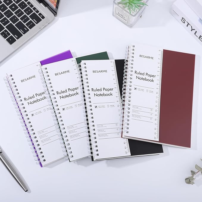 BESARME 4 Pack College Ruled Notebook, A5 Lined Spiral Notebook with Ruler Waterproof Plastic Spiral Journal 5.7" x 8.22" Hardcover Journal for Work School Supplies
