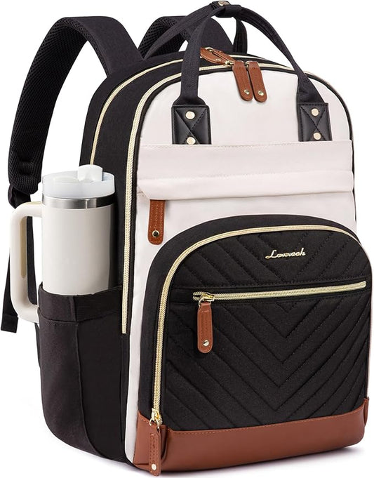 LOVEVOOK Laptop Backpack Women with Giant Tumbler Holder,18 inch Waterproof Work Travel Backpack Computer Laptop Bag,Cute College Nurse Teacher Backpack Purse,Gifts for Women & Men,Beige-Black-Brown
