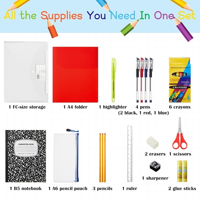 AmazingSpark 12 Sets Back to School Supplies Kit for Students Grade 7-12 Donation Kits Back to School Supplies Bundle Essentials Includes Folder Highlighters Crayons Notebooks Scissors and More