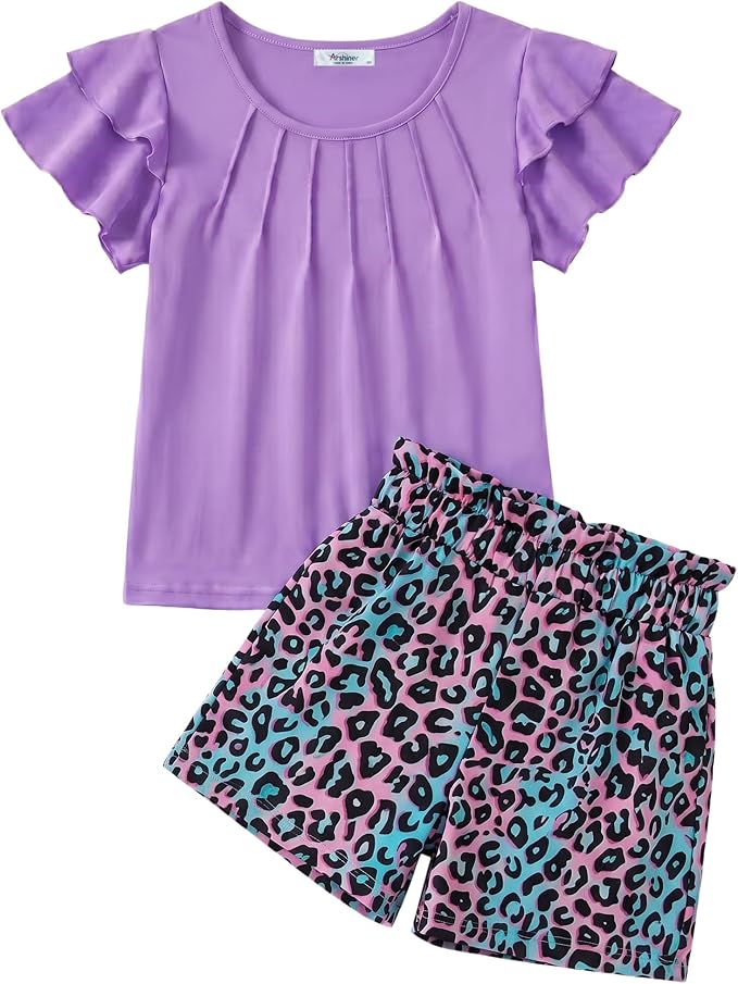 Arshiner Girls 2 Piece Outfits Summer Ruffle Sleeve Top and Paperbag Waist Shorts Set with Pockets Size 5-13 Years