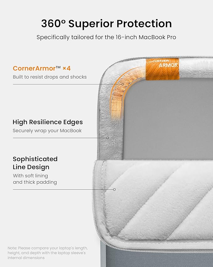 tomtoc 360° Protective Laptop Sleeve for 16-inch MacBook Pro M5 Pro/Max (2026) A3428 A3429, M4/M3/M2/M1 A3403 A3186 A2991 A2780, Water-Resistant MacBook Case Bag with Accessory Pocket Fits Dell XPS 16