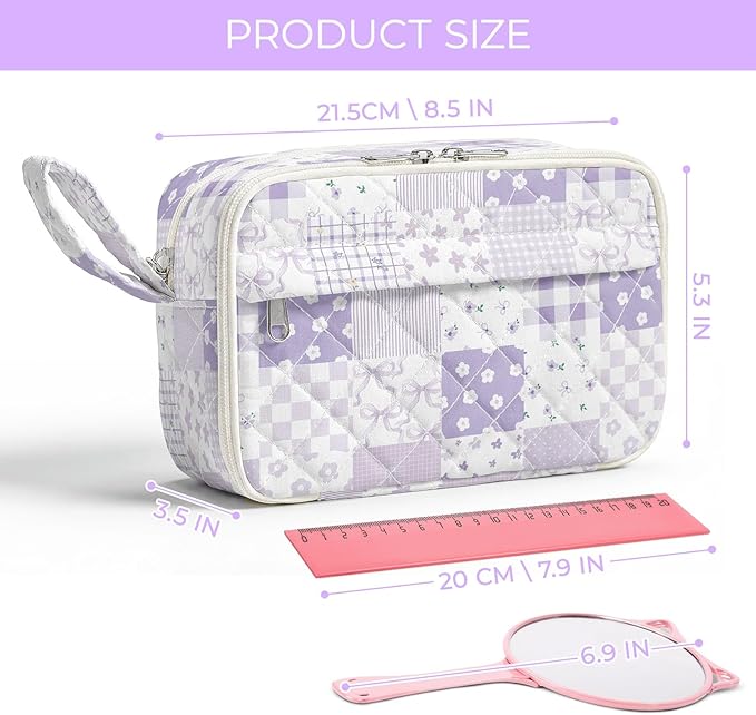 WOBAGMEN Quilted Pencil Pouch for Girls Women, Large Pencil Case Pouch with Compartments Cute Aesthetic Pencil Case Organizer, Floral Pencil Bag for School Supplies (Purple Checked Patchwoek)