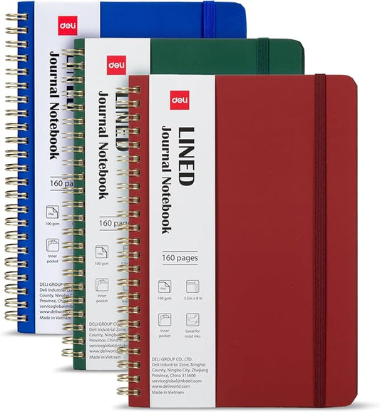 deli 3 Pack Lined Spiral Journal Notebook, 160 Pages, A5 (5.5"x8") Hardcover Writing Notebook, College Ruled Spiral Bound Journal for Women & Men - Perfect for Work, School, Office & Note Taking