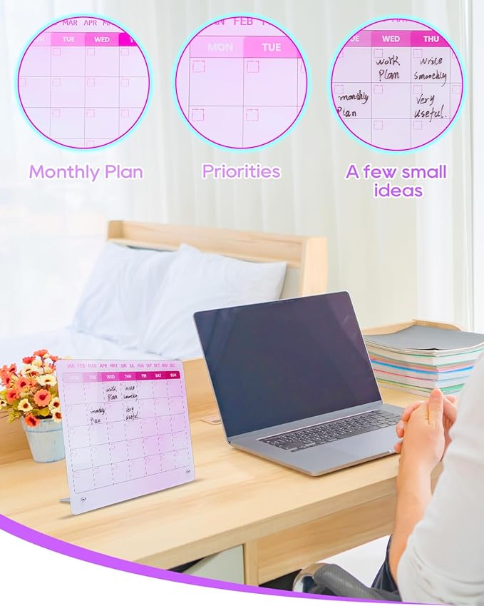 UCEC Pink Desk Calendar, 12"x10" Reusable Calendar to Do List with Stand and Pen Clip, Monthly Planning White Board for Desk, Pink Dry Erase Board for Home Office & School Organization