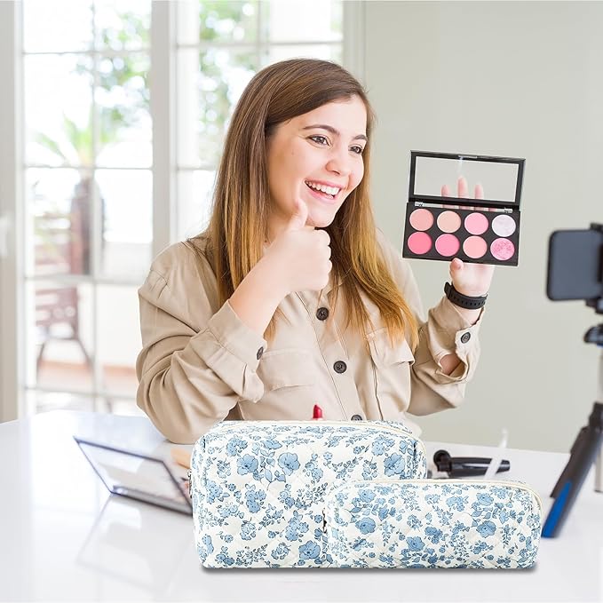 URSKYTOUS 2Pcs Floral Makeup Bag for Women Cotton Quilted Small Coquette Cosmetic Bag Cute Zipper Blue Flower Makeup Pouch Aesthetic Portable Pencil Case Travel Toiletry Bag Trendy Cloth Skincare Bag