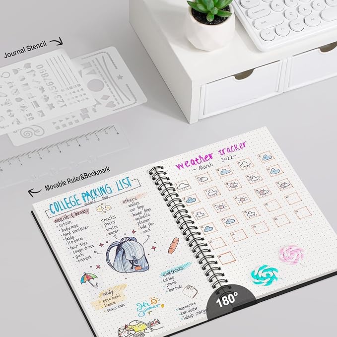 AHGXG Dotted Journal - Dot Grid Spiral Notebook A5, 160 Pages, 100 GSM Thick Paper, Waterproof Plastic Cover Journals for Bullet Journaling, Sketching, 5.7" x 8.3", Black