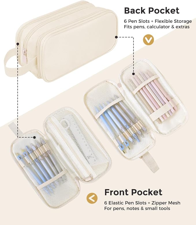 SKYDUE Large Capacity Pencil Case with Handle, 3 Compartment Canvas Pencil Pouch, Cute Soft Color Pencil Bag for Pens, Markers, Aesthetic Stationery and Organizer for Teen Girls Adult, Beige