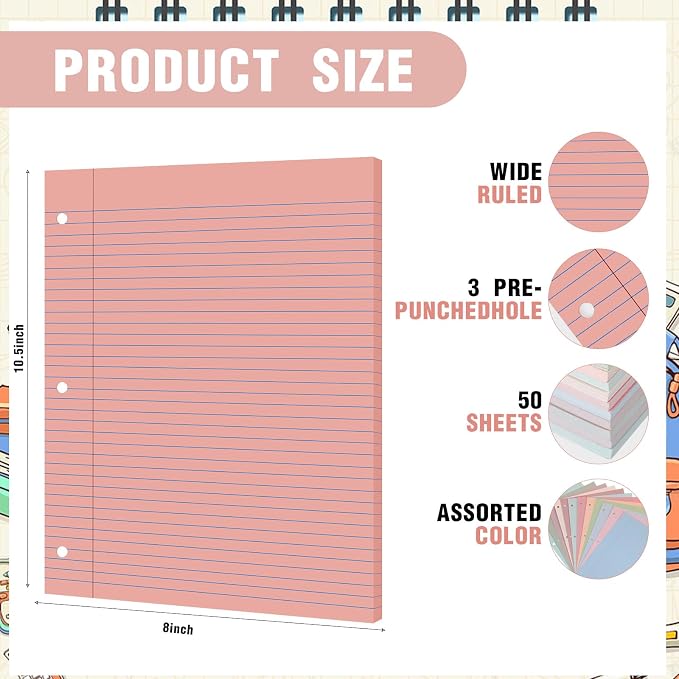 PerKoop 12 Pack 600 Sheets Loose Leaf Paper 8" x 10.5",Boho Color