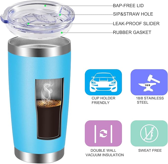 VEGOND 20oz Tumbler with Lid and Straw Stainless Steel Tumbler Cup Bulk Vacuum Insulated Double Wall Travel Coffee Mug Powder Coated Coffee Cup, Sky Blue, 12 Pack