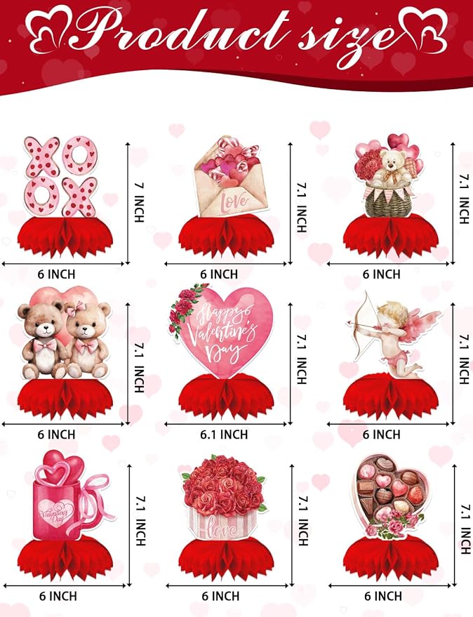 Valentine Honeycomb Centerpieces for Table, 9Pcs Valentine Table Decorations 3D Valentines Centerpiece Red Pink Valentine's Day Decorations Bear Heart Table Toppers for Valentine Party Supplies