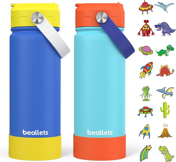 18oz Kids Insulated Water Bottle, 2 Pack Straw Cup | DIY Stickers, BPA-Free, 316 Stainless Steel, Silicone Boot, Keeps Cold 24h, Leak-proof, School, Sports