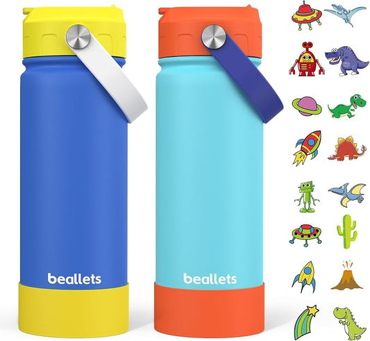 18oz Kids Insulated Water Bottle, 2 Pack Straw Cup | DIY Stickers, BPA-Free, 316 Stainless Steel, Silicone Boot, Keeps Cold 24h, Leak-proof, School, Sports