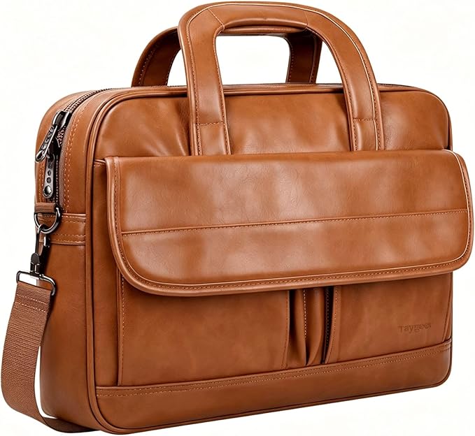 Taygeer Leather Laptop Bag for Men Women, Premium Laptop Briefcase Fits Up to 15.6 Inch Notebook, Waterproof Portable Shoulder Messenger Crossbody Bag Carry On Case for Travel Business Office, Brown