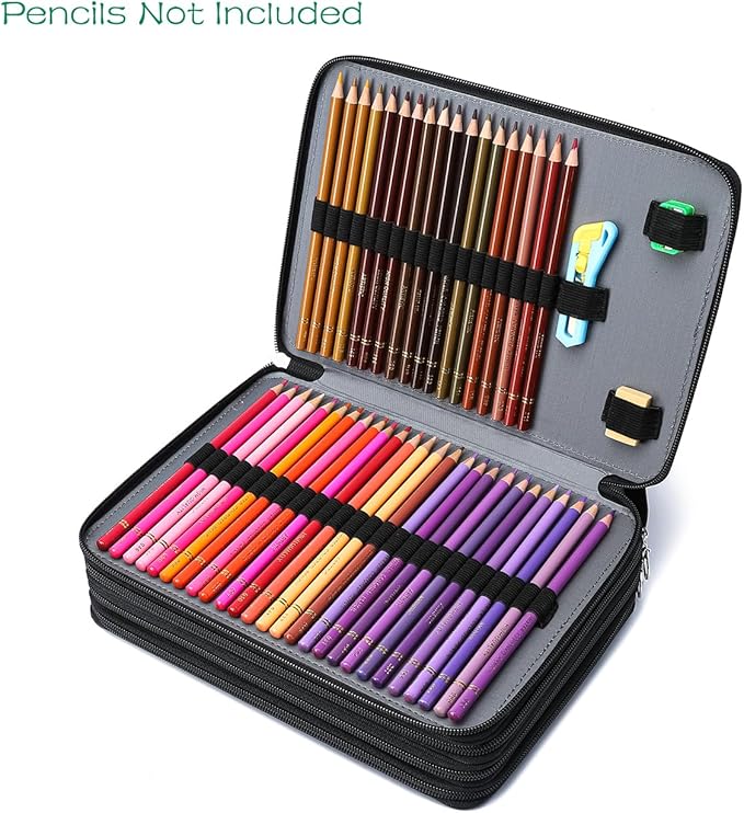 YOUNGCOL 200 Slots Colored Pencil Case - Deluxe PU Leather Pencil Organizer Holder With Zipper Closure Large Pencil Box for Colored Pencils Watercolor Pencils (Black, 200 Slots)