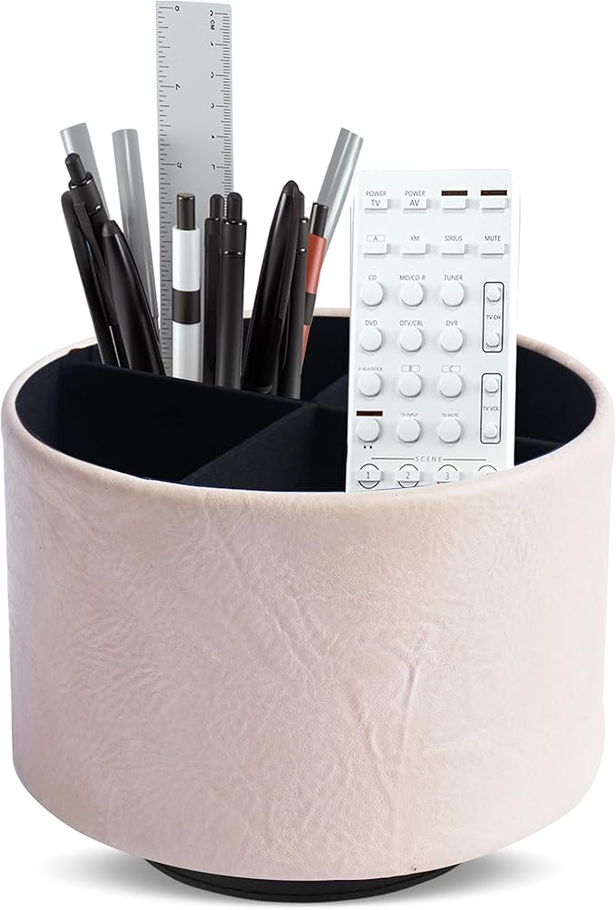 Round Leather Art Supply Organizer,Remote Control Holder,360 Degree Spinning,Multi-Functional Pencil Holder,4 Compartments Desktop Stationary Organizer(1-Crazy White)