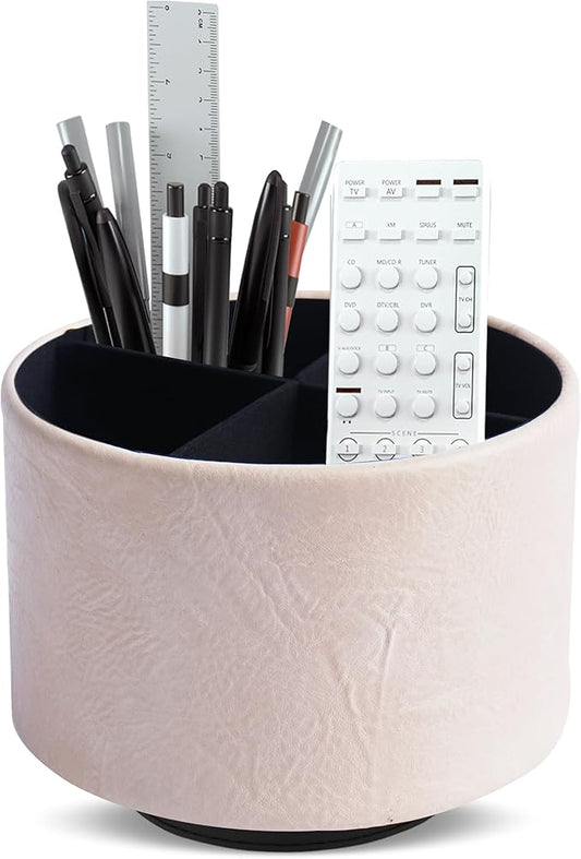 Round Leather Art Supply Organizer,Remote Control Holder,360 Degree Spinning,Multi-Functional Pencil Holder,4 Compartments Desktop Stationary Organizer(1-Crazy White)