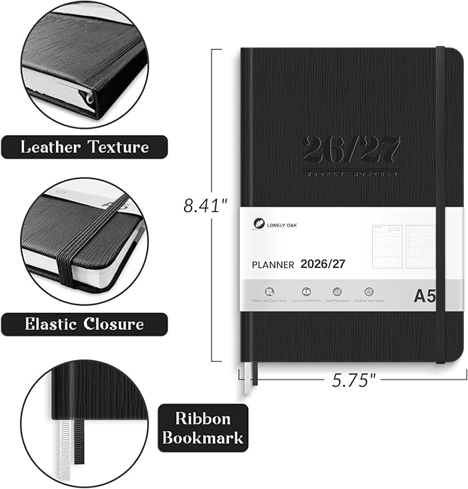 Lonely Oak Academic Planner 2026-2027, A5 Daily Weekly and Monthly Planner 5.75" x 8.4", 13 Months Faux Leather School Year Agenda from Jul.2026 to Jul.2027 for Student and Teacher (Black)