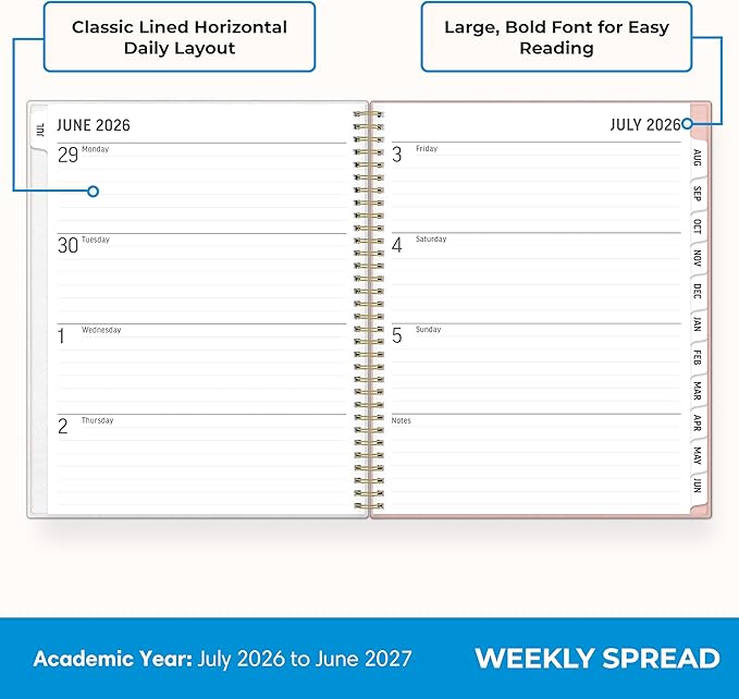 Blue Sky 2026-2027 Large Print Weekly and Monthly Academic Year Planner Calendar, July 2026 - June 2027, 8.5" x 11", Flexible Cover, Wirebound, Storage Pocket, Laminated Tabs, Charlotte
