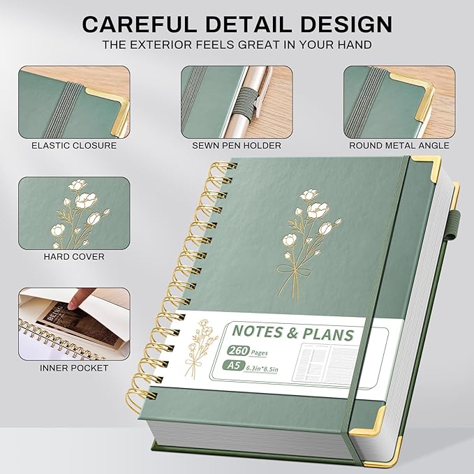 Ovesmusl Undated Daily Planner - 126 Days Hourly Schedule & To Do List - A5 Hardcover Spiral Notebook planner with stickers, Metal Corner Protectors & Back Pocket for Work & School, Bouquet