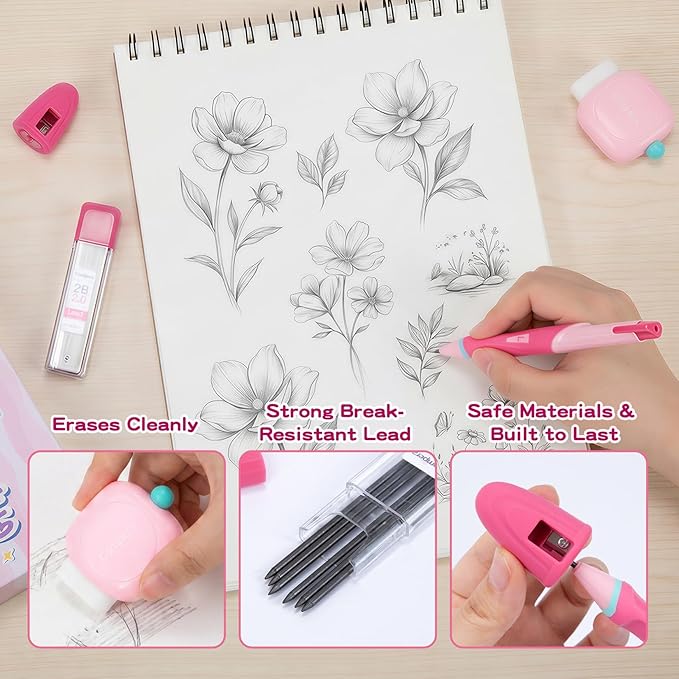 Ergonomic Pencil Set, 2.0mm HB Mechanical Pencils for Kids, School Supplies Include Sharpener, Eraser & 6 Extra Leads – Handwriting Aid for Preschool, Kindergarten, Homes, Pink, L