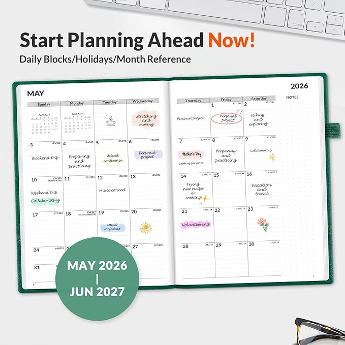 SUNEE 2026-2027 Weekly & Monthly Hardcover Planner 5.5" x 8.3" - 12 Month (July 2026 - June 2027), Small Academic Year Calendar Planner, Pocket, Notes, 100 GSM Paper, Deep Green